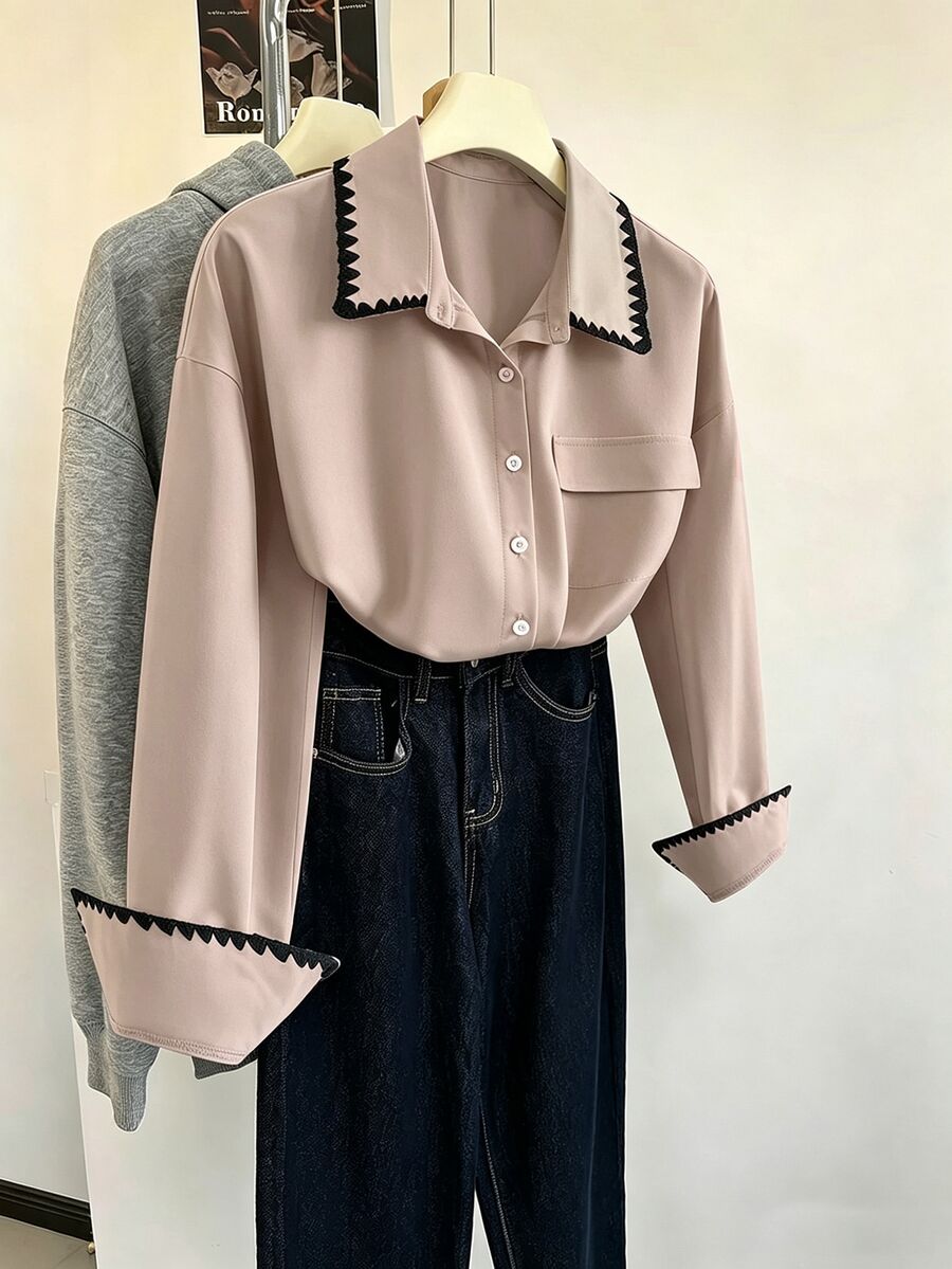 GlowEve CURVE Plus Size Women's Elegant Office Long Sleeve Blouse With Decorative Front Buttons Fall - Khaki - View 1