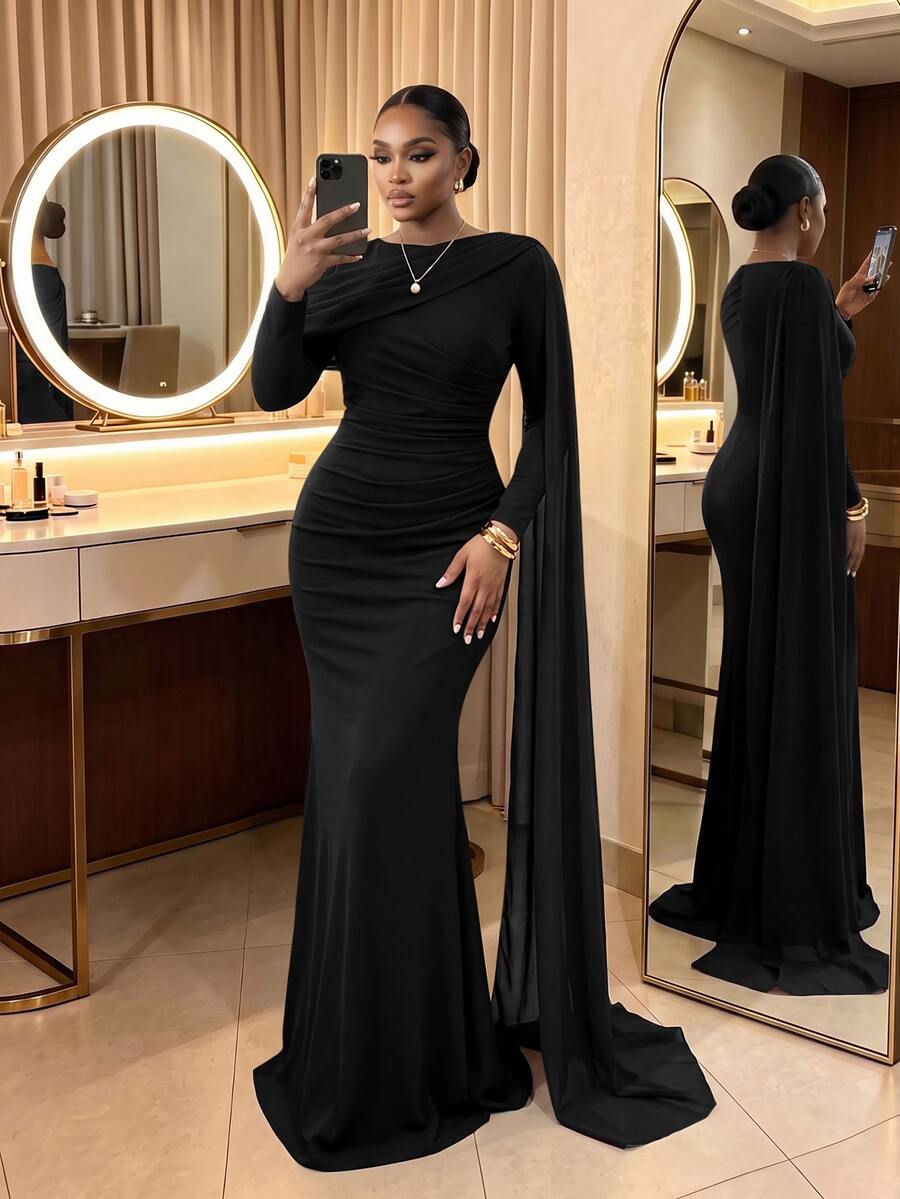 SHEIN Lady CURVE Plus Size Elegant Formal Party Formal Evening Nightwear Mermaid Dress Black Autumn Fall - Black - View 1
