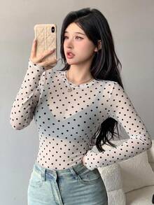 DAZY 女款透視蕾絲圓領修身套頭T恤上衣 秋季 - 白色 - 查看 8