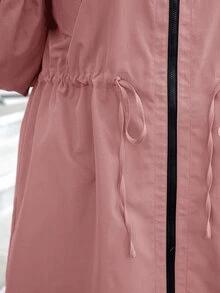 SHEIN LUNE Áo khoác casual tay dài có mũ, khóa kéo trước, màu trơn, size lớn, quần áo mùa thu - Bụi hồng - Xem 7