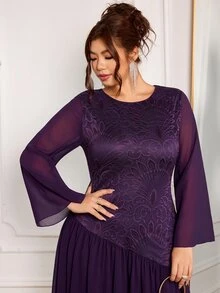 Modelyn Women's Elegant French Style High-End Round Neck Lace Patchwork Flared Long Sleeve Formal Evening Dress Plus Size - Purple - View 6