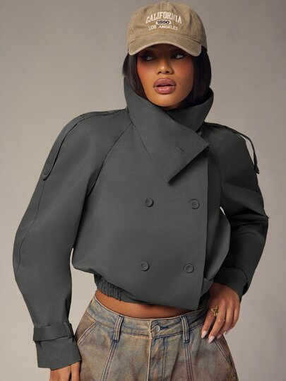 Denimoi Women's Khaki Short Trench Coat Jacket, Double-Breasted High Collar Loose Utility Style With Shoulder Epaulettes, Streetwear Casual Versatile Short Jacket For Spring, Autumn And Winter