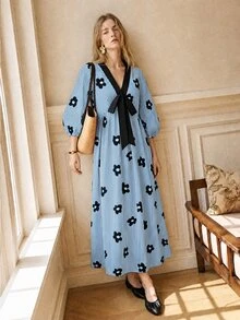 SHEIN Women's Fall French Romantic Vintage Elegant Picnic Vacation Striped Floral Print Color Block Bowknot Blue White Stripe Dress Brunch - Sky Blue - View 6