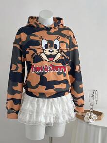 TOM & JERRY X SHEIN SHEIN EZwear 女款迷彩卡通印花連帽衛衣，適合戶外、街頭穿搭、返校季 - 彩色 - 查看 6