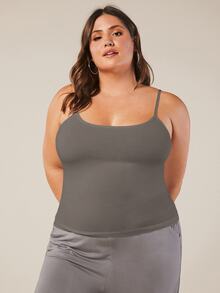 SHEIN BASICS 大尺碼純色細肩帶背心上衣 女款夏季上衣 夏日穿搭 - 深灰色 - 查看 1