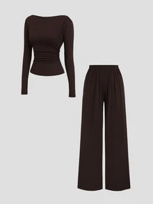 Sweetra Autumn/Winter New 2 Pieces Set Long Sleeve Top And Wide Leg Pants Casual Daily, Suitable For Work - Coffee Brown - View 4
