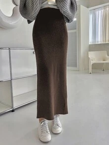 DAZY Women's Solid Color Elastic Waist Casual Mermaid Knit Skirt - Brown - View 6