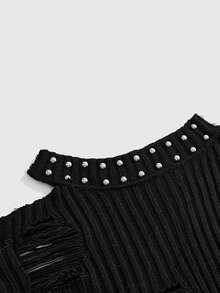 ROMWE Grunge Punk Women's Studded Decor Distressed Design Casual Everyday Long Sleeve Sweater - Black - View 4