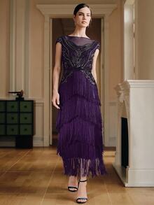 Anewsta Women's Best-Selling Bohemian Style High-End Banquet Patchwork Tassel Beaded Dress - Purple - View 4