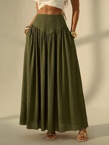 SHEIN Tall 女款休閒純色長裙，適合度假穿著 - 軍綠色 - 查看 3