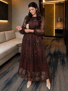 Auveirra Plus Size Elegant Sequin Party Dress Fall - Brown - View 4