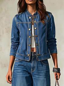 Balvessa Women's Casual Denim Jacket, Autumn - Blue - View 4