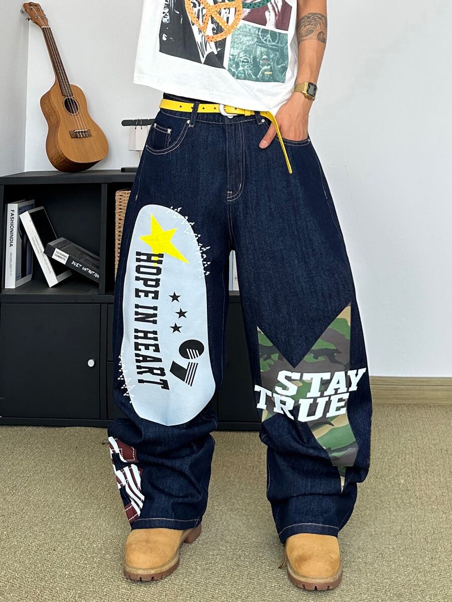 STEELVANCE Streetwear Vintage Fashion Versatile Distressed Washed Rivet Print Design Loose Straight Wide Leg Casual Denim Jeans (Belt And Accessories Not Included) - Blue - View 1