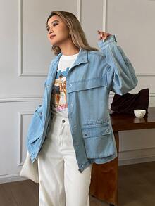 DAZY Light Blue Lapel Single-Breasted Snap Button Large Pocket Loose Long Sleeve Casual Daily Denim Jacket Fall - Blue - View 5