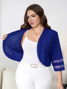 Reflora Chaqueta de mujer talla grande de unicolor con contraste de malla y abertura frontal - azul real - Ver 8