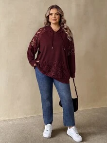 SHEIN CURVE+ Plus Size Women's Solid Green Lace-Trimmed Raglan Sleeve Drawstring Hooded Sweatshirt Fall - Burgundy - View 3