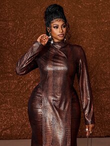 Maweii Plus Size Sexy Snake Print Long Sleeve Top And Front Slit Skirt 2 Pieces Set - Gold - View 2