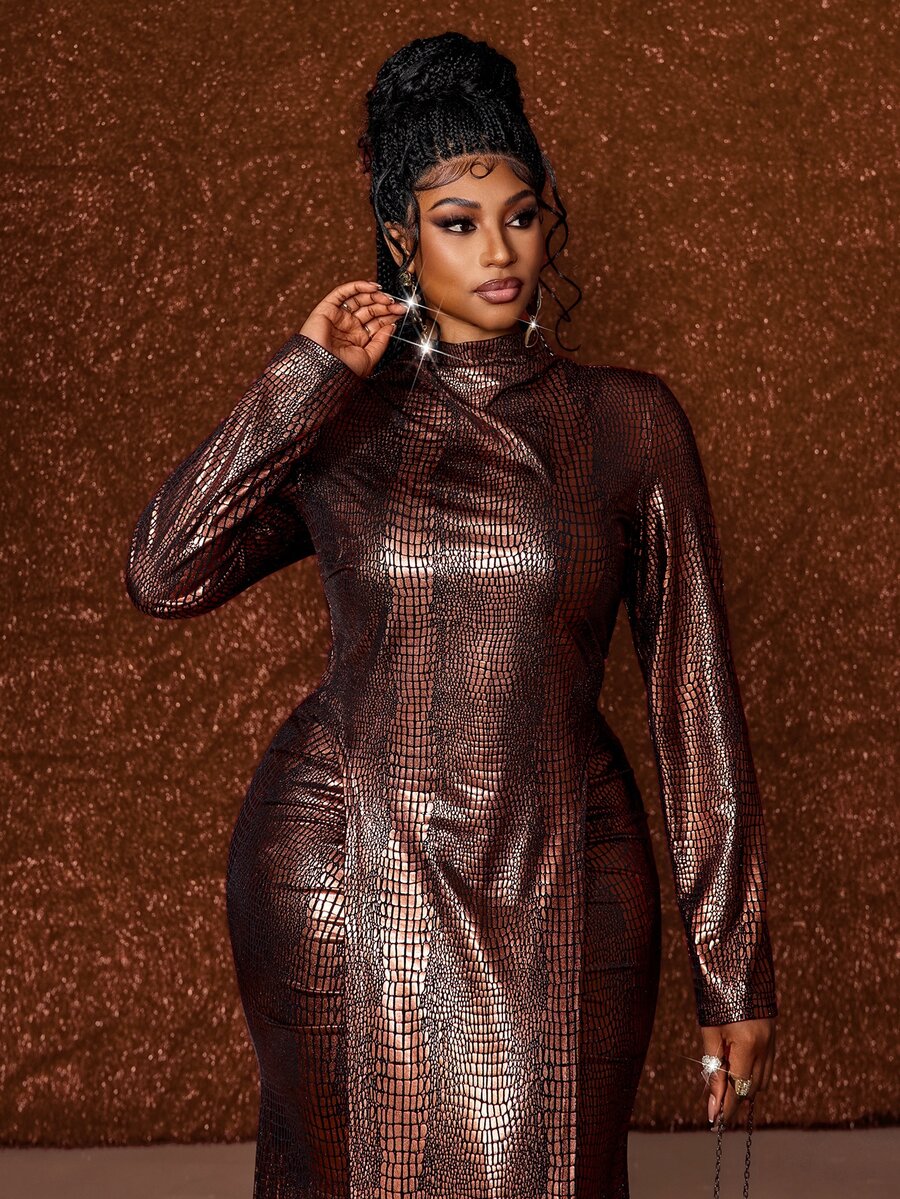 Maweii Plus Size Sexy Snake Print Long Sleeve Top And Front Slit Skirt 2 Pieces Set - Gold - View 1