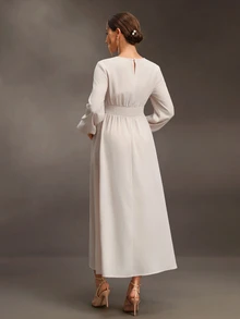 Cheriluna Maternity Maternity-D Women's White Round Neck Long Sleeve Waist-Cinching Long Maternity Dress, Spring/Autumn Fall Photoshoot Baby Shower Elegant Chic - Apricot - View 2