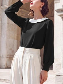 SHEIN Elegant Fashion Commuter Shirt Black Solid Color Minimalist Autumn/Winter Top Versatile - Black - View 6