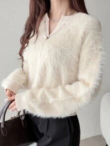 FRIFUL Women's Autumn/Winter Casual Solid Color Chain Decor Sweater - Apricot - View 4