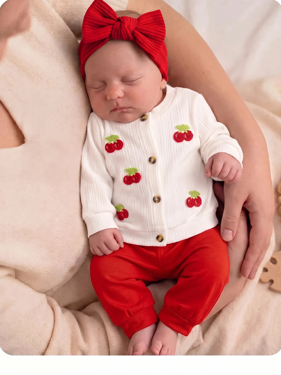 SHEIN Kids Infant Gentle Cream White Knitted Cardigan Set With 3D Crochet Cherry Embroidery Patch - Red - View 1