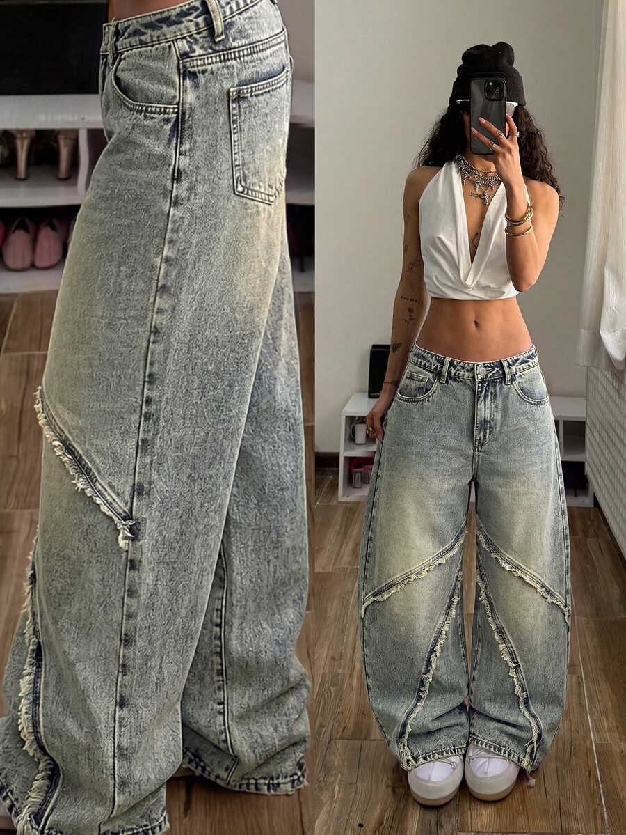 StreetHx Button Pocket Loose Low Waist Curved Leg Denim Jeans,Fall/Winter - Dark Wash - View 1