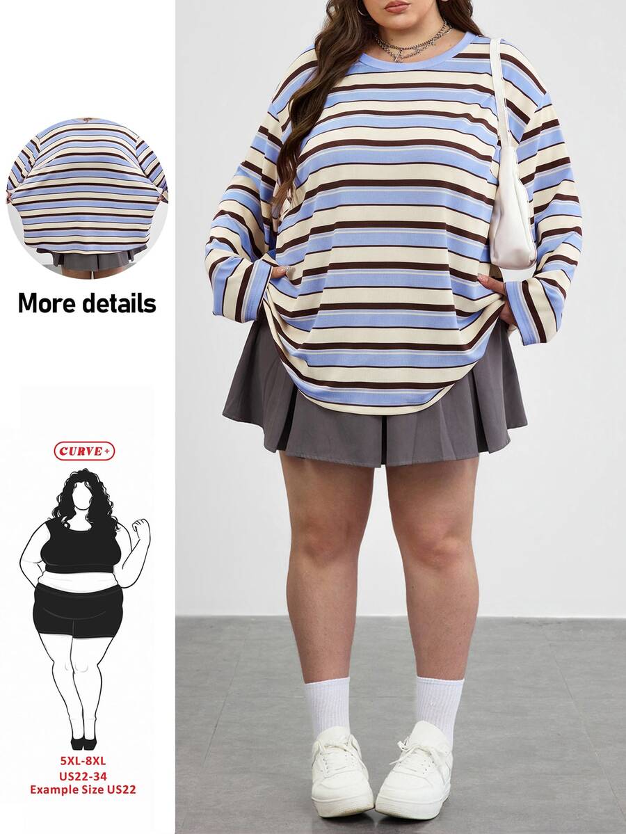SHEIN CURVE+ 大尺碼 2026 秋季圓領露肩粉色寬鬆 1920s 80s 長版,冬季 22W 返校季 - 藍色 - 查看 1