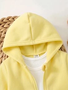 SHEIN 女嬰可愛灰色針織連帽外套與鬆緊腰長褲套裝 - 芥末黃 - 查看 5