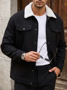 Manfinity CasualCool 2026新款男士新年聖誕萬聖節假期禮物休閒時尚設計極簡優雅百搭寬鬆黑色羊毛白色人造毛領長袖保暖毛衣 - 黑與白 - 查看 3