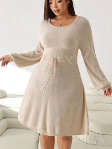 Solflare Plus Size Women Solid Color Round Neck Raglan Long Sleeve Waist Tie Knit Dress - Apricot - View 7