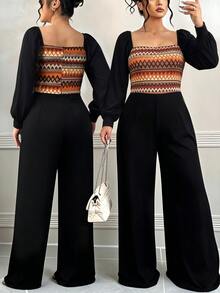 SHEIN LUNE جمبسوت نسائي للخريف/الشتاء للعطلات بتصميم هندسي مرقع وألوان متباينة وياقة مربعة وأكمام فانوس طويلة وساق واسعة - متعدد الألوان - مشاهدة 1