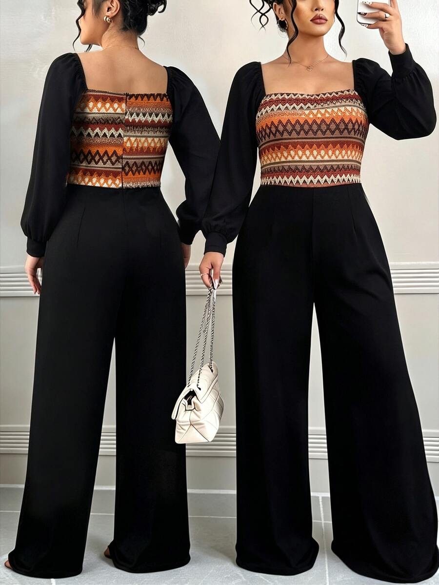 SHEIN LUNE جمبسوت نسائي للخريف/الشتاء للعطلات بتصميم هندسي مرقع وألوان متباينة وياقة مربعة وأكمام فانوس طويلة وساق واسعة - متعدد الألوان - مشاهدة 1