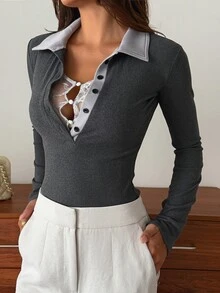 DAZY Grey Collared Lace Patchwork Hollow Out Pearl Button Fitted Long Sleeve Korean Style Sexy Base Layer T-Shirt Fall - Grey - View 5