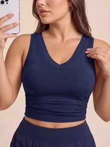 SHEIN Dewbera Women's Plus Size Solid Color V-Neck Back Cutout Design Sports Alternative Tank Top Gym Navy Blue Summer - Black and White - View 1