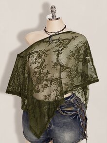 SHEIN ICON 女款大尺碼性感蕾絲單肩不對稱下擺罩衫上衣 - 軍綠色 - 查看 1