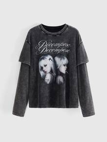 ROMWE Grunge Punk Y3K Hot Girl 2 In 1 Girls Portrait Slogan Print Washed Loose T-Shirt - Black - View 1