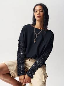 Bohemela Women's Fashion Sequin Patchwork Long Sleeve Pocket Streetwear Sweatshirt - Black - View 6
