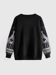 ROMWE Halloween Dark Gothic Skull Mysterious Black Cat Cross Jacquard Loose Fit Plus Size Pullover Sweater - Black - View 2
