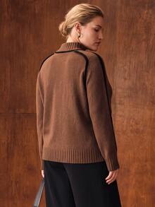 MOTF PREMIUM PLUS SIZE AUTUMN/WINTER FASHION CONTRAST TRIM SWEATER - Brown - View 3