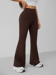 SHEIN PETITE 女款純色極簡高腰喇叭長褲，適合日常穿著 - 咖啡棕 - 查看 3