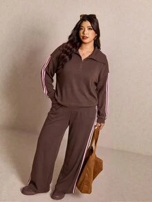 Elaquor Plus Size Women's Side Stripe Zipper Design Sweatshirt And Wide Leg Pants Casual 2 Pieces Set - Coffee Brown - View 5