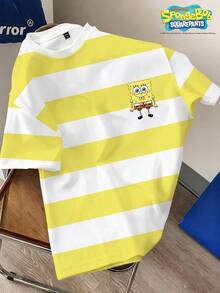 SpongeBob SquarePants | SHEIN Manfinity Joysei Men's Plus Size Summer Casual Colorblock Striped Cartoon Print T-Shirt - Yellow - View 1