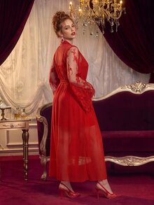 PinupPomp Plus Size Women's Lace Cami Dress And Robe Set - Red - View 4