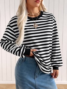 SHEIN EZwear 女款黑白條紋休閒舒適針織長袖衛衣，秋冬款 - 黑與白 - 查看 5