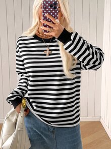 SHEIN EZwear 女款黑白條紋休閒舒適針織長袖衛衣，秋冬款 - 黑與白 - 查看 4