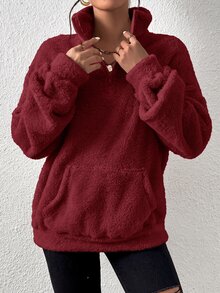 SHEIN EZwear 女款素色立領休閒百搭長袖運動衫 - 酒紅色 - 查看 5
