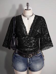 SHEIN ICON Women's Halloween Black Lace Wrap Flutter Sleeve Deep V Neck Sexy Black Gothic French Lace Patchwork Sheer Top For Date - Black - View 1