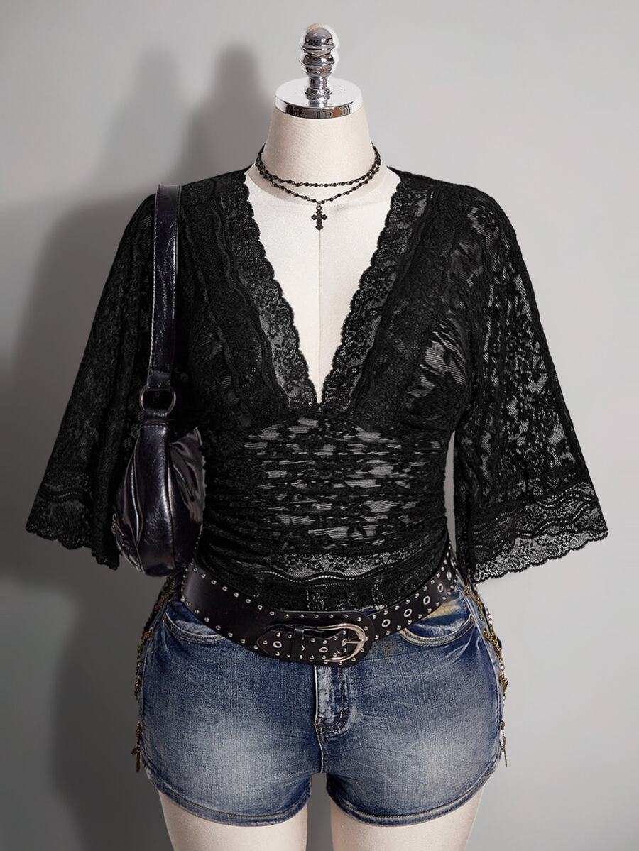 SHEIN ICON Women's Halloween Black Lace Wrap Flutter Sleeve Deep V Neck Sexy Black Gothic French Lace Patchwork Sheer Top For Date - Black - View 1