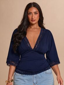 SHEIN BAE CURVE 大尺碼女款純色對比蕾絲深V領3/4袖性感上衣 - 藏蓝色 - 查看 7